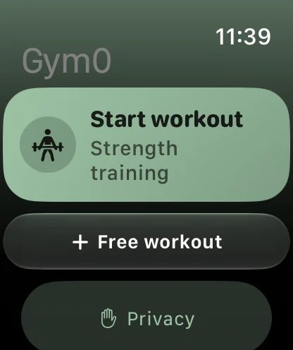 Gym0 on Apple Watch: Start workout and Free workout buttons.